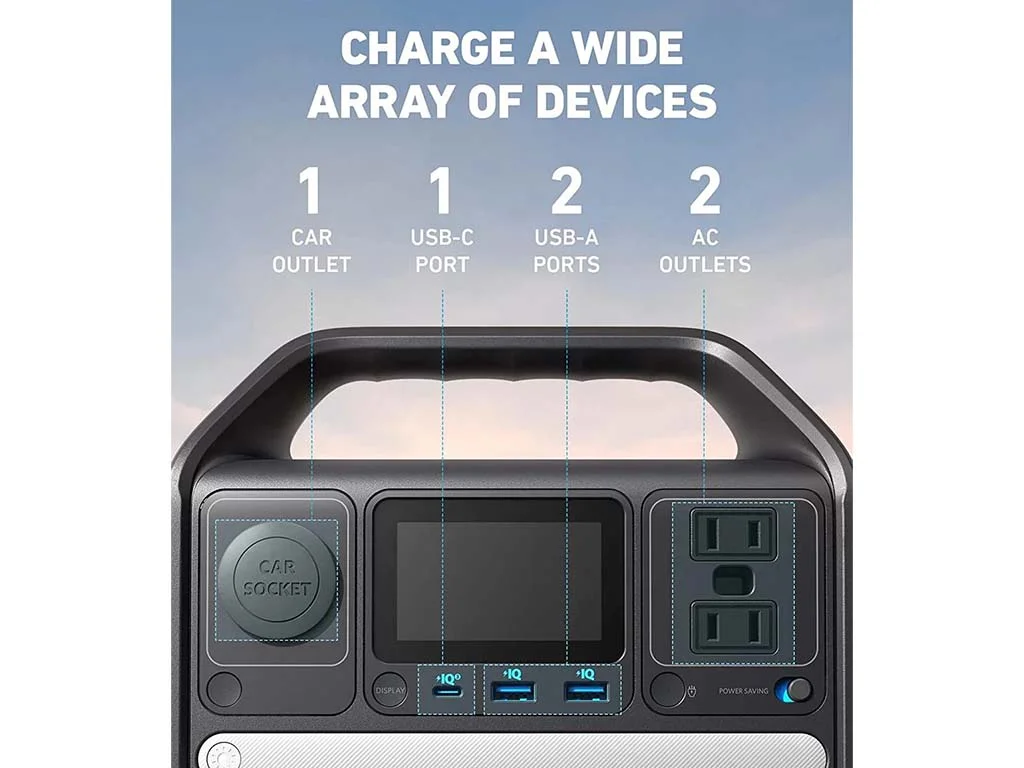The connections, outlets, and ports for the Anker 521