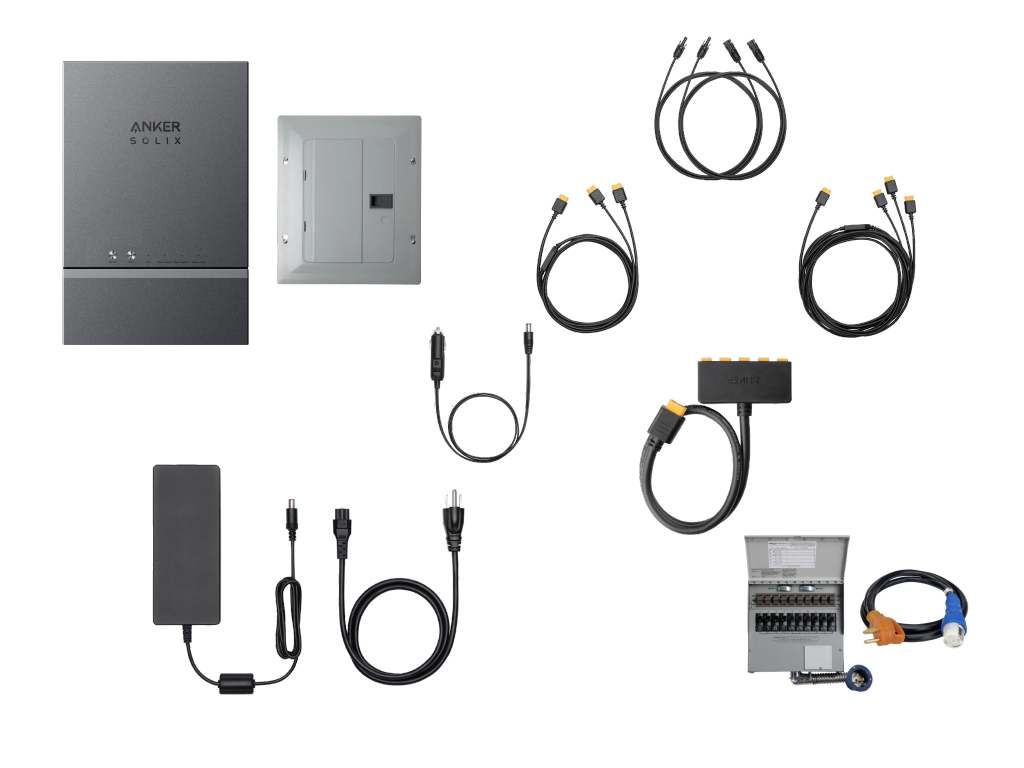 An array of the essential Anker accessories and cables for solar generators, power stations, and solar panels