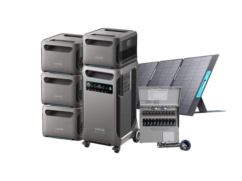 A sample home backup system using the Solix F3800 with four extra batteries, solar panels, and subpanel
