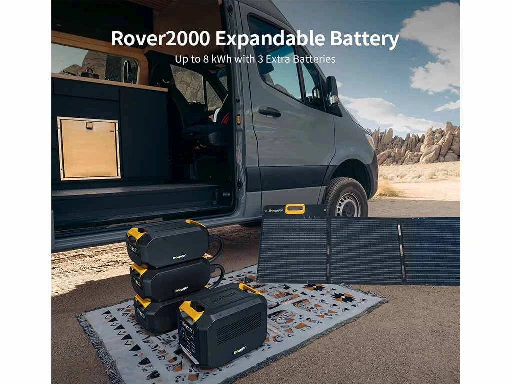 Using the BougeRV Rover 2000 power station with extra batteries and solar panels while camping