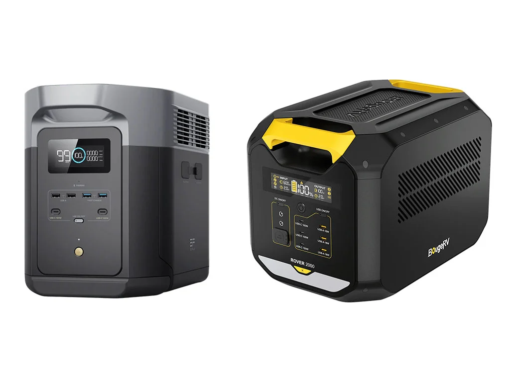 Thew EcoFlow Delta 2 Max portable power station next to the BougeRV Rover 2000