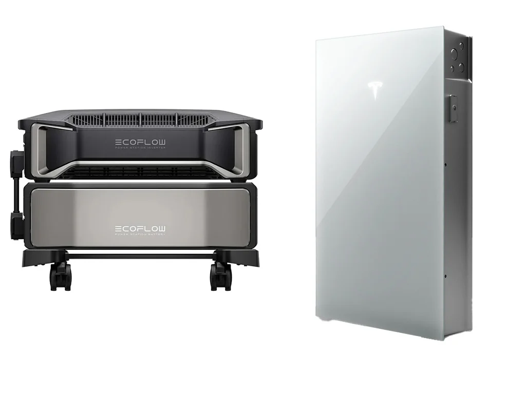 The EcoFlow Delta Pro Ultra power station next to the Tesla Powerwall