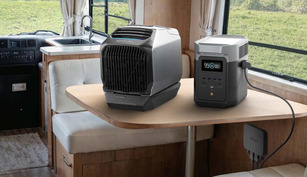An RV using an EcoFlow power station, Wave 2 AC, and Alternator Charger