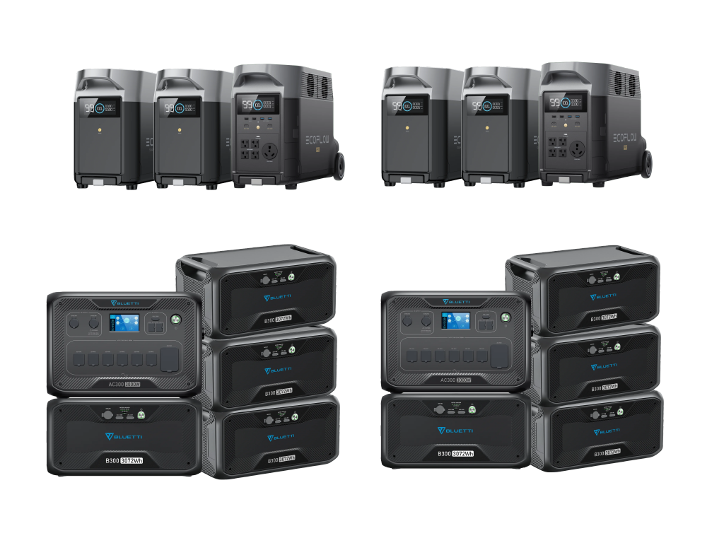 The maximum EcoFlow Delta Pro system with 2 units and 4 batteries and the maximum BluettiAC300 system with 2 units and 8 batteries