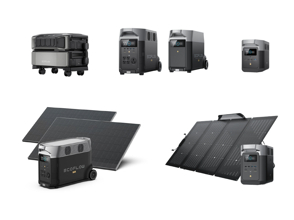 An assortment of EcoFlow DELTA series solar generators and portable power stations