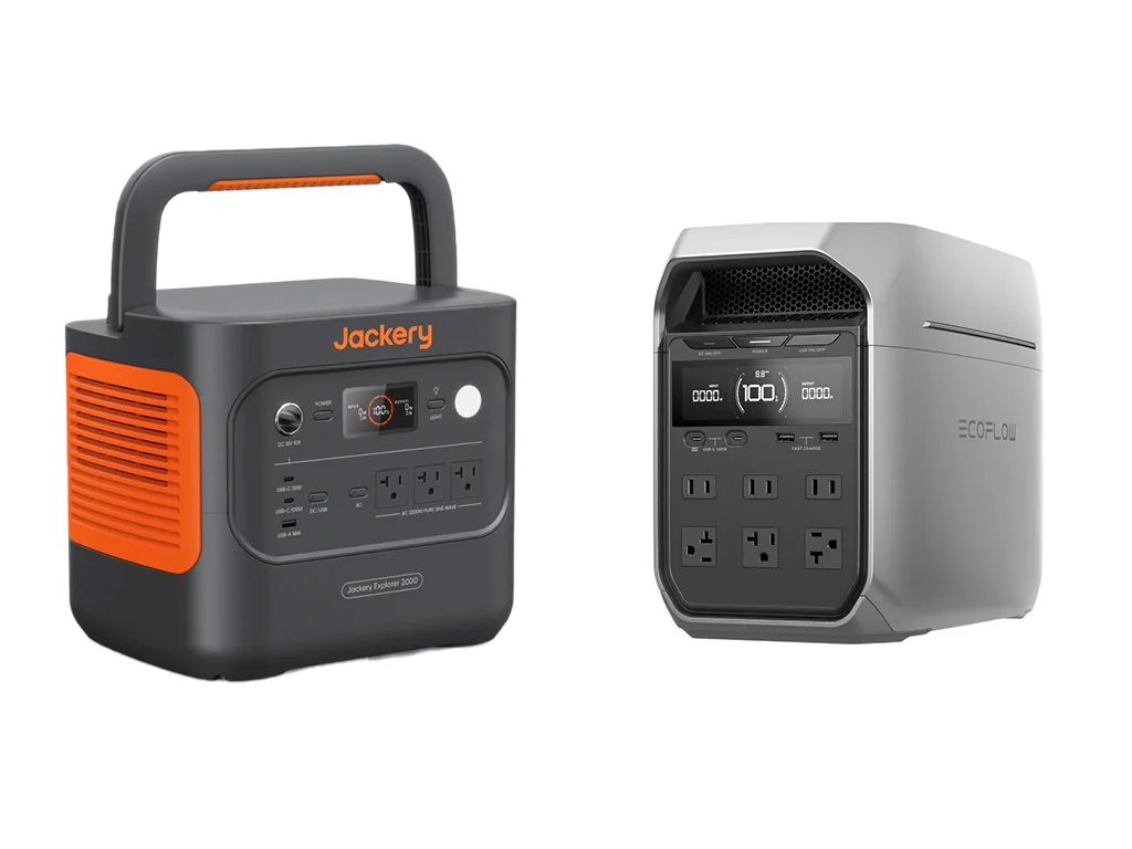 The Jackery 2000 v2 power station next to the EcoFlow Delta 3 Plus