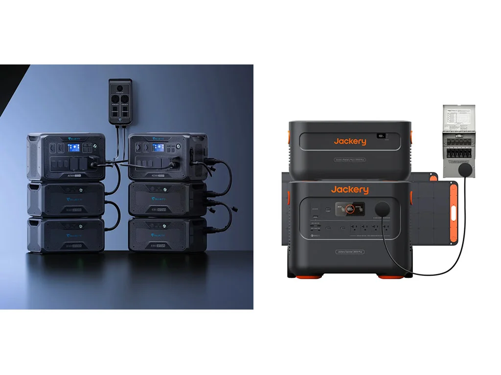 Examples of large home battery systems with extra batteries using the AC500 or Jackery 2000 Plus