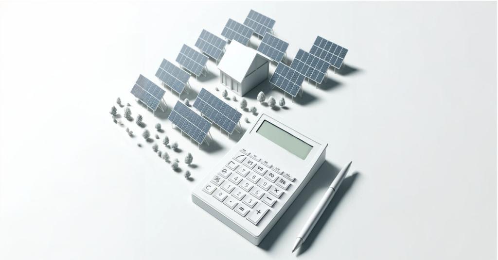 Solar panels surrounding a home with a calculator