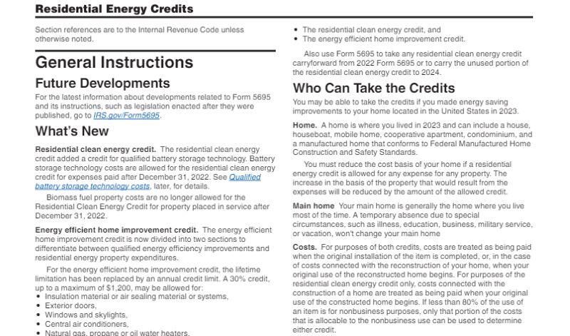 The IRS Form 5695 Instructions, used to get a solar generator tax credit of 30%