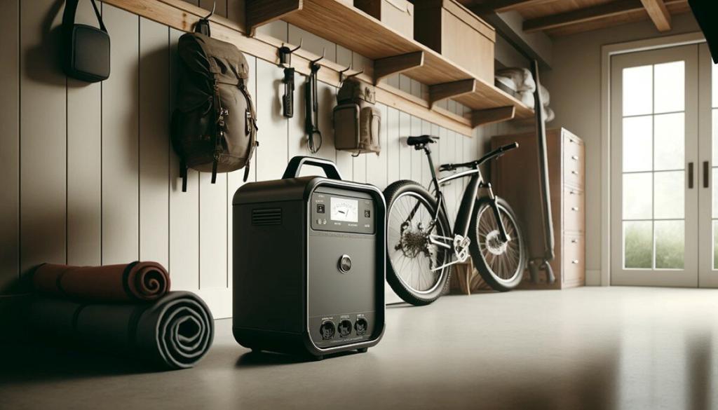 A portable power station in a garage