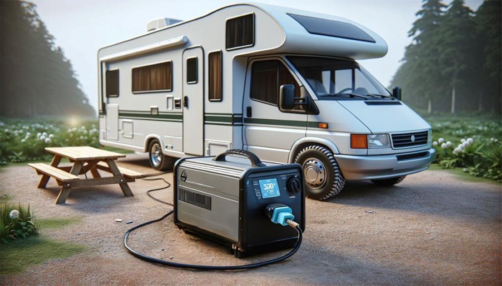 A portable power station connected to an RV