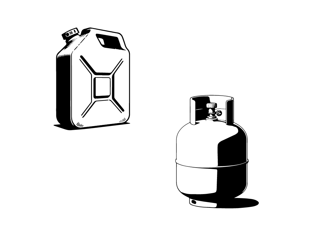 A gasoline tank next to a propane tank, both fuels for generators