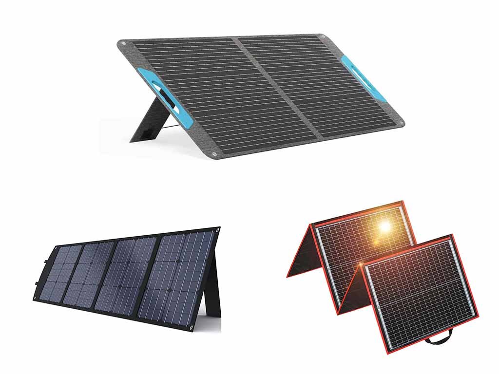 Small solar panels, including BALDR 120W, Renogy 100W, and DOKIO 160W