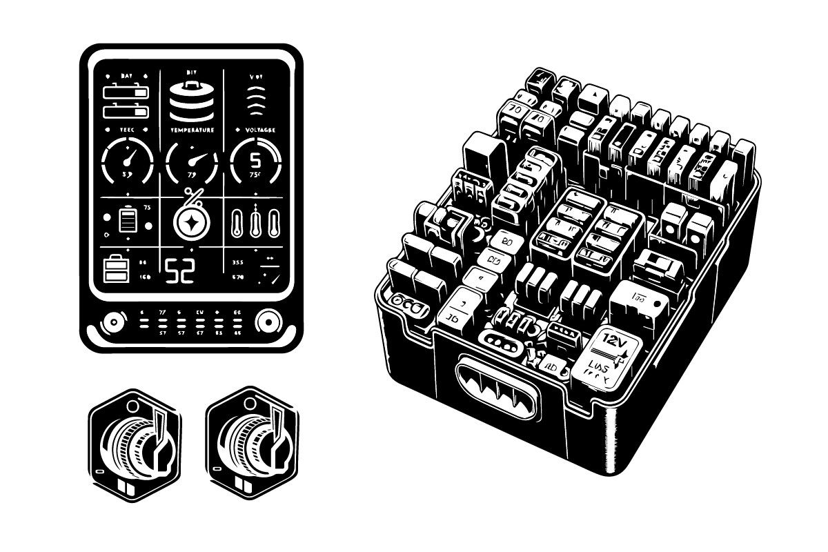 Other parts hidden inside solar generators, such as fuses, cutoff switches, and battery management systems.