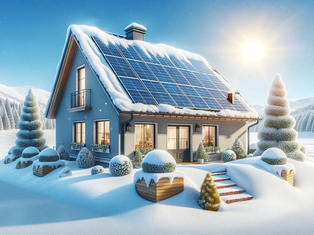 Solar panels in winter on a house covered in snow